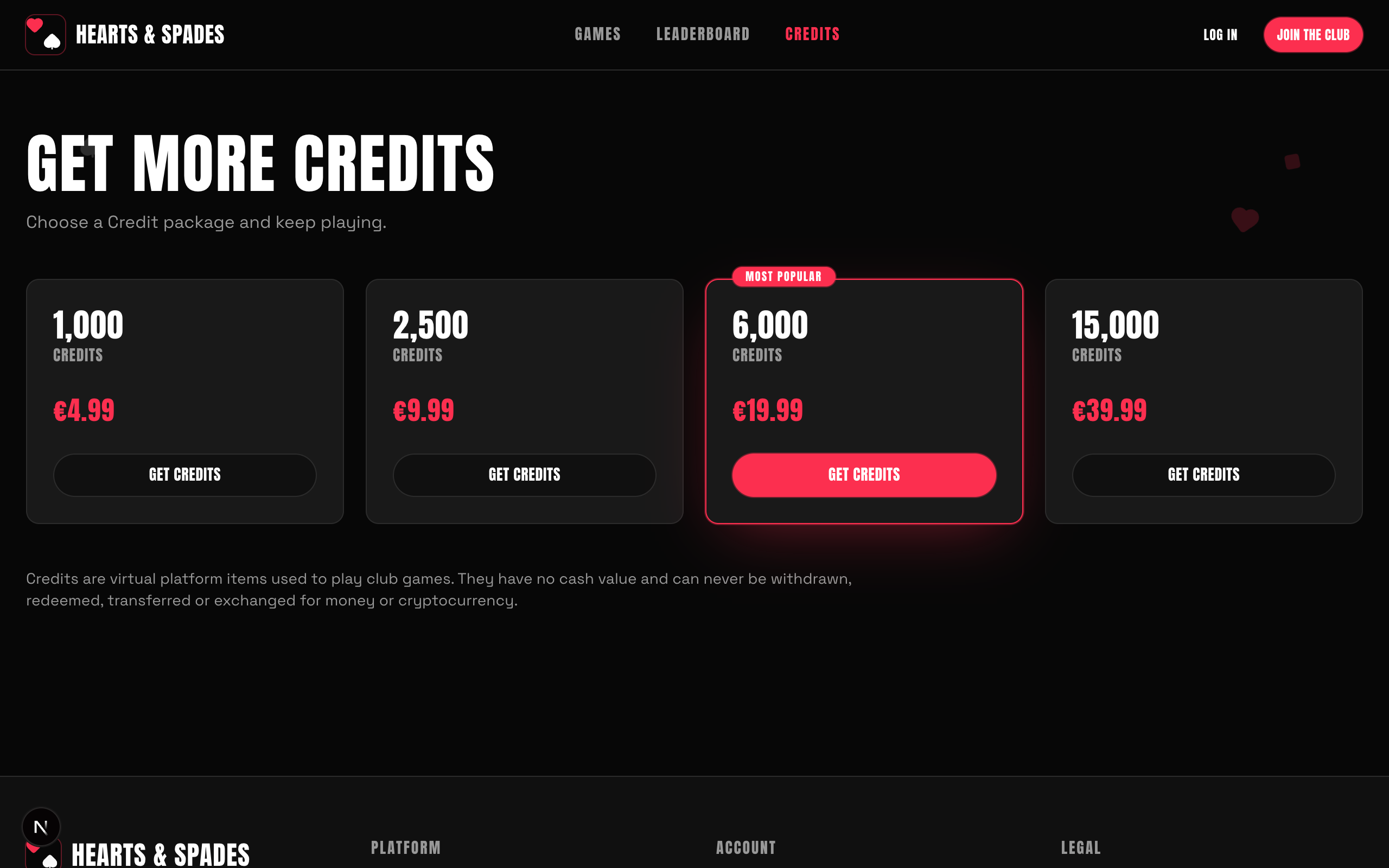 Credit packages screen showing 1,000, 2,500, 6,000 and 15,000 Credit options