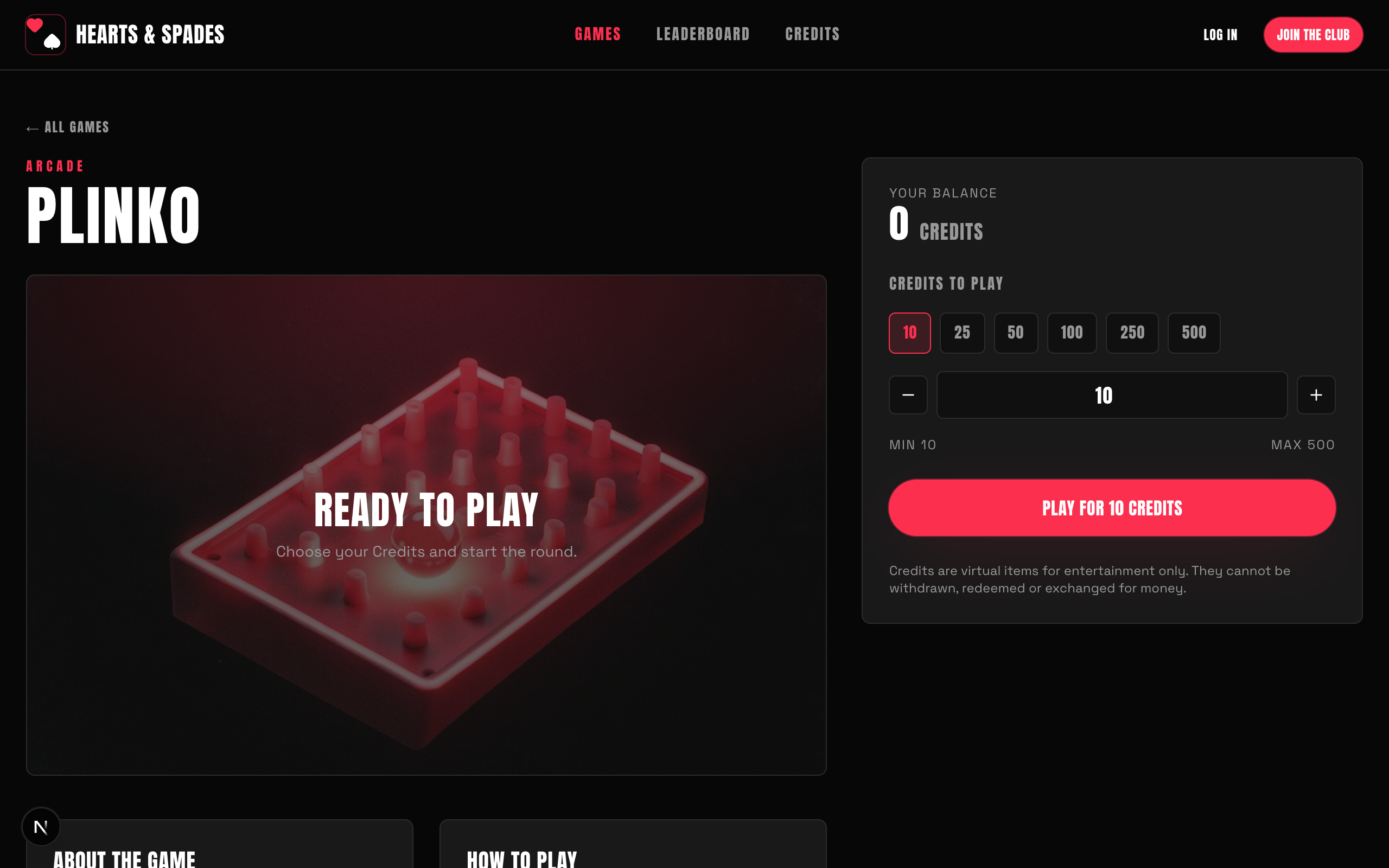Plinko game detail screen with the Credits selector ready to play